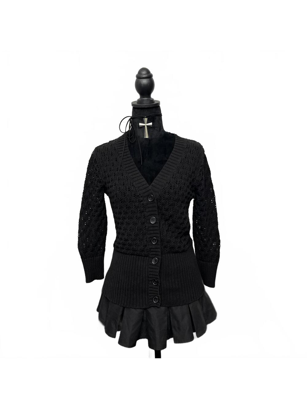 Y2K Black Open Knit Buttoned Cardigan 3/4 Sleeves & Ribbed Hems Sz L 2000s Fall